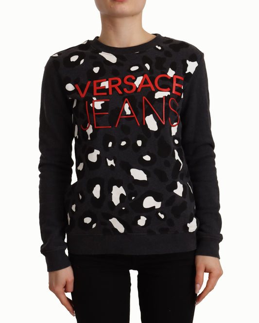 Versace Jeans schwarzer Baumwoll -Leoparden Langarmpullover Pullover