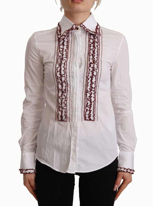 Dolce & Gabbana weiße Baumwollspitze Langarmes Rüschenkragen Top -Hemd