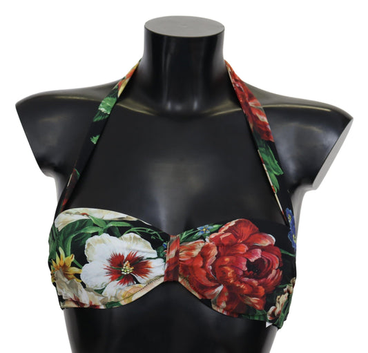 Dolce & Gabbana Black Floral Stampa in nylon Swimwear Bikini Tops