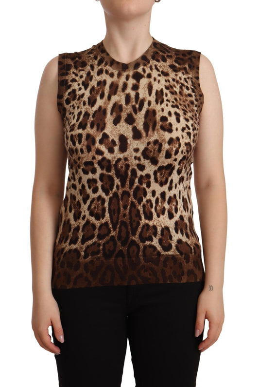 Dolce & Gabbana Brown Leopard Cashmere Seidentankbluse Top
