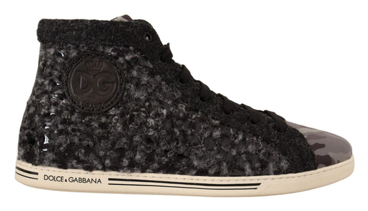 Dolce & Gabbana Gris Black Wool Cotton High Top Sneakers