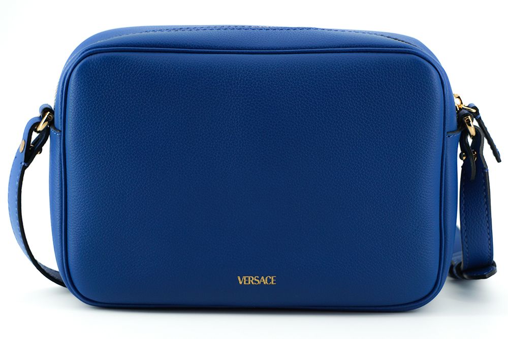 Borsa a tracolla della fotocamera in pelle blu Versace