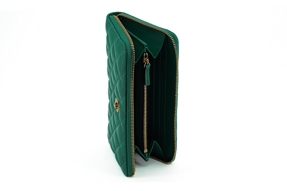 Versace Green Leather Long Zip autour du portefeuille