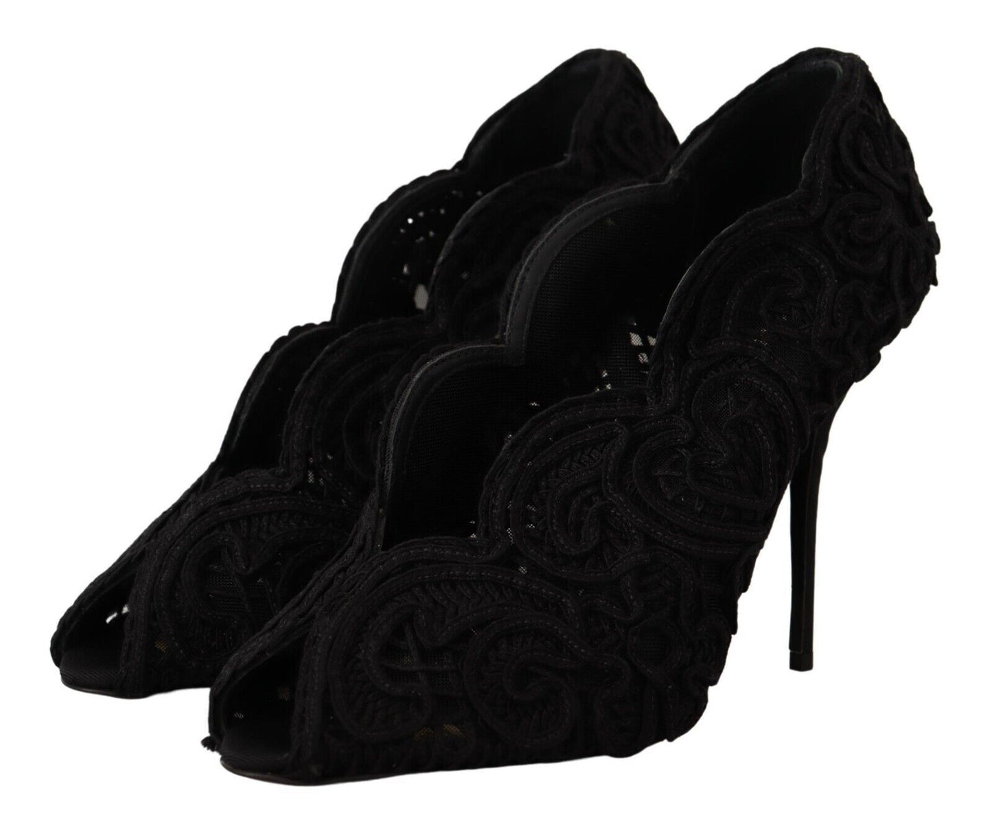 Dolce & Gabbana Black Cordonetto Ricamo Pompe Open Toe Shoes