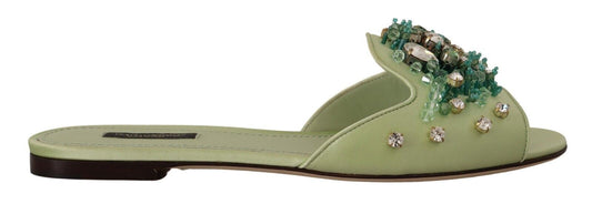 Dolce & Gabbana Green Leather Crystals Slides Femmes Flats Chaussures