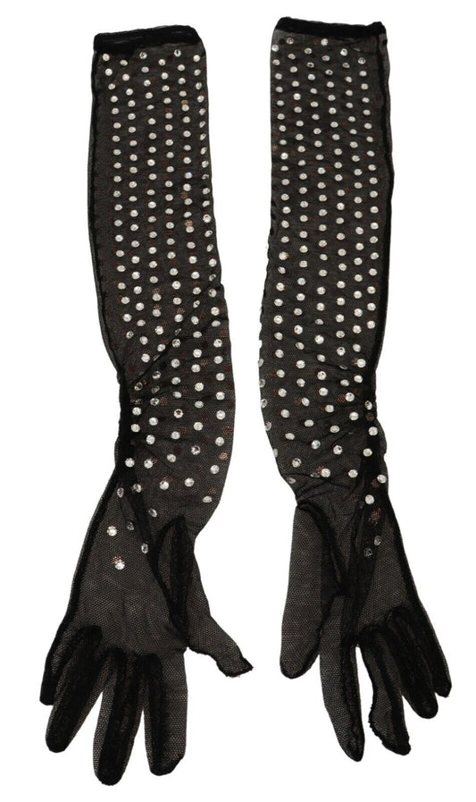 Dolce & Gabbana Black Crystal Elbow Longue Coton Gants en tulle
