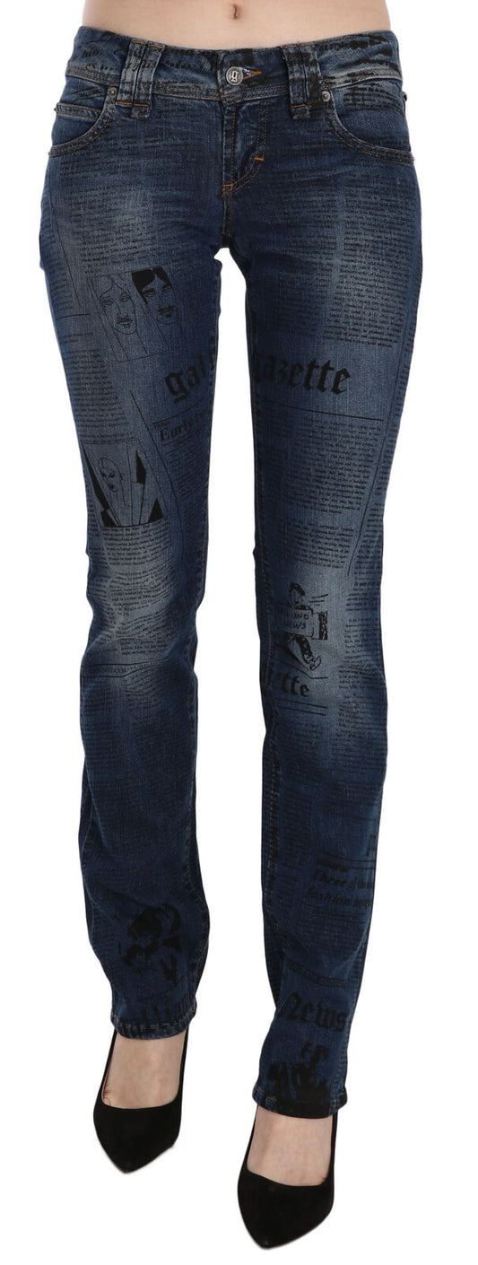 John Galliano Blue Newpaper Stampa pantaloni in denim magro a bassa vita