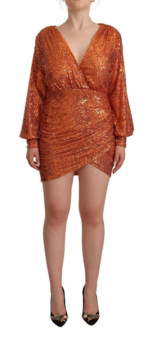 Aniye par orange paillettes à manches longues mini robe enveloppe de gaine