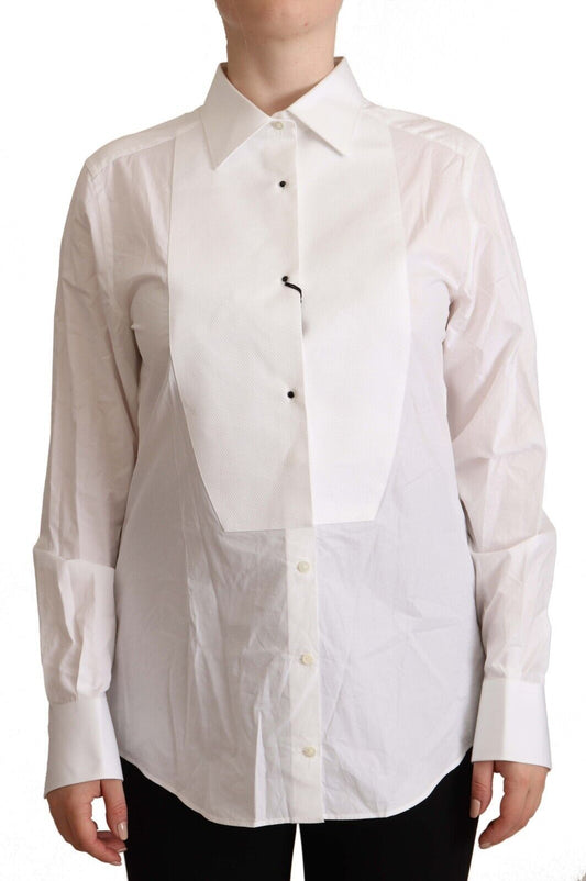 Dolce & Gabbana White Cotton Colled Washit Top a maniche lunghe