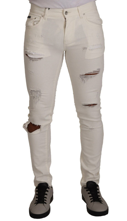 Dolce & Gabbana White Leatured Skinny Cotton Men Denim Jeans