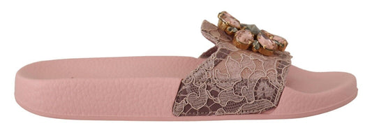 Dolce & Gabbana en dentelle rose sandales en cristal glisse les chaussures de plage