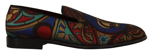 Dolce & Gabbana Multicolor Jacquard Crown Slippers Loafers Chaussures