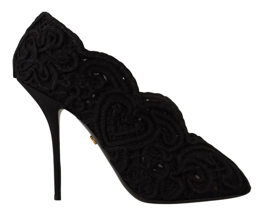 Dolce & Gabbana Black Cordonetto Ricamo Pumpe Open Tobe Schuhe
