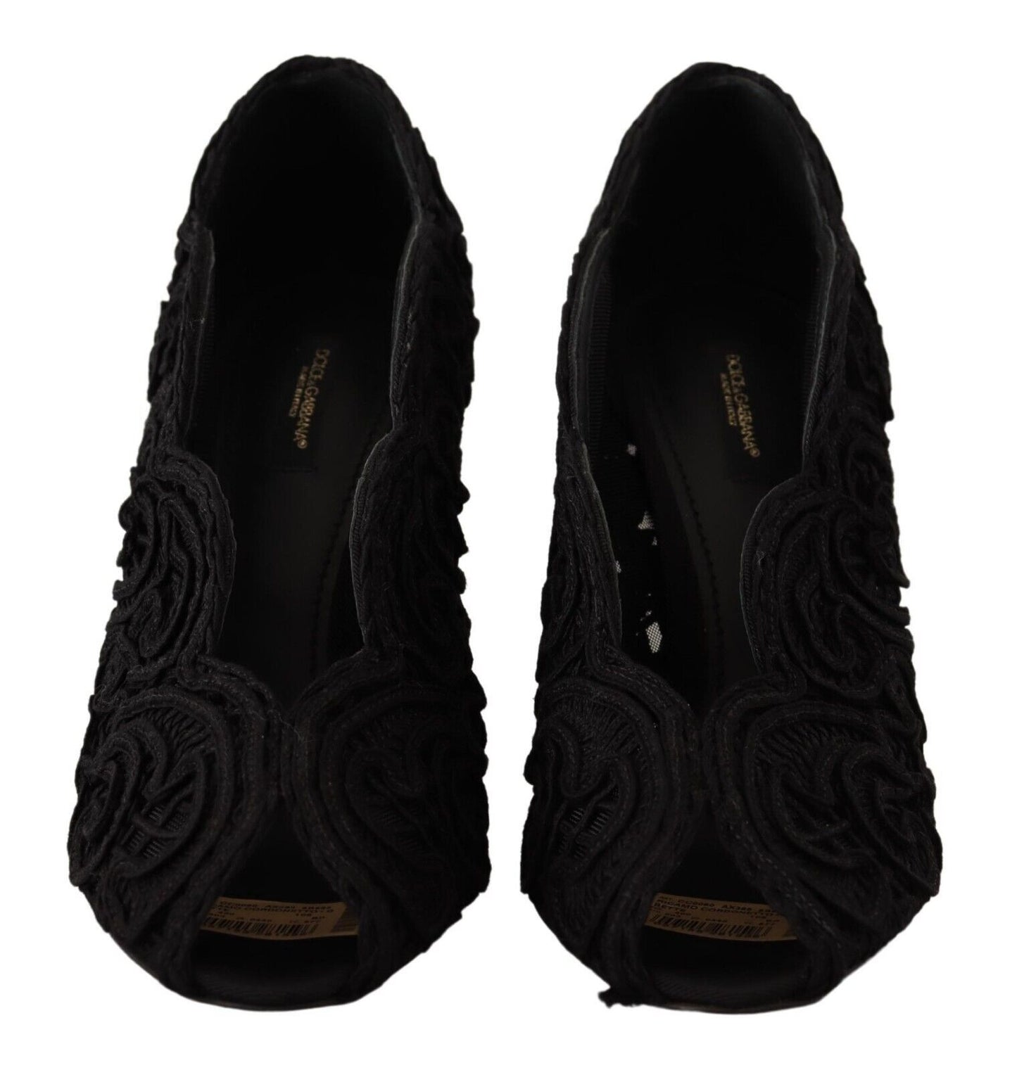 Dolce & Gabbana Black Cordonetto Ricamo Pompe Open Toe Shoes