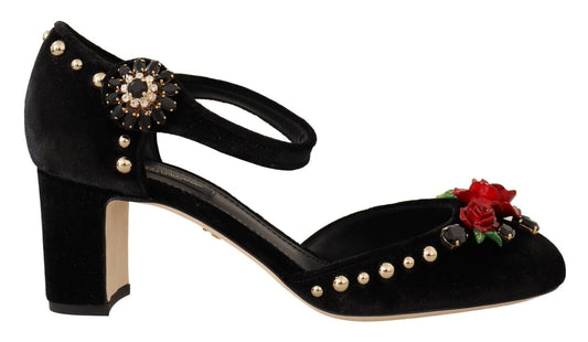 Dolce & Gabbana Black Velvet Roses Ankle Pumps Scarpe