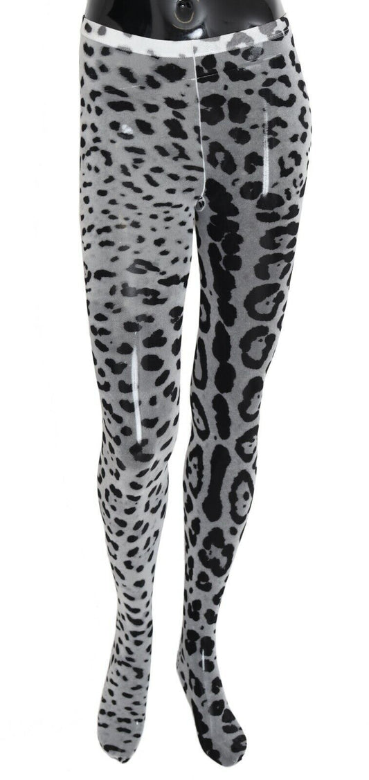 Dolce & Gabbana Grey Leopard Print Mesh Nylon Collants