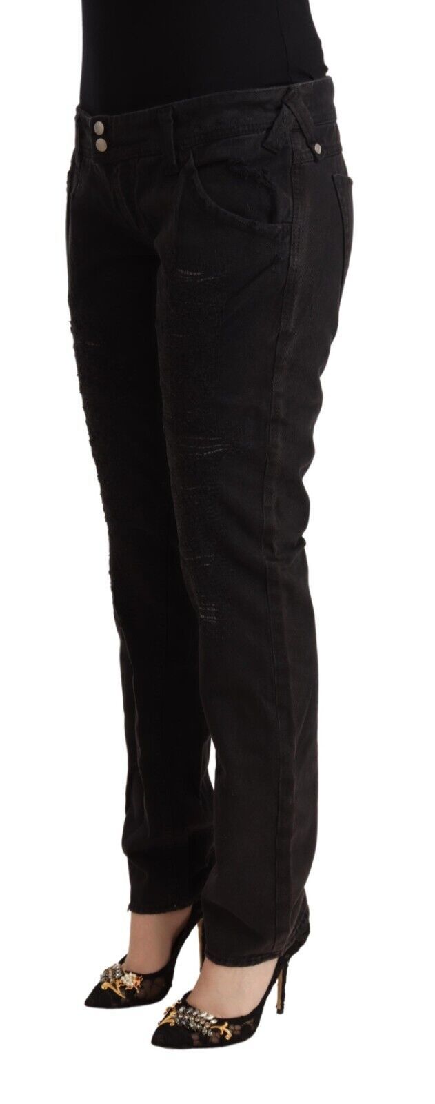Ciclo in cotone nero in difficoltà a bassa vita sottili jeans denim