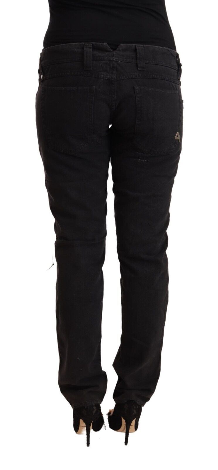 Ciclo in cotone nero in difficoltà a bassa vita sottili jeans denim