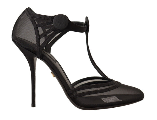 Dolce & Gabbana Black Mesh T-Strap Stiletto Tambie Pompe scarpe
