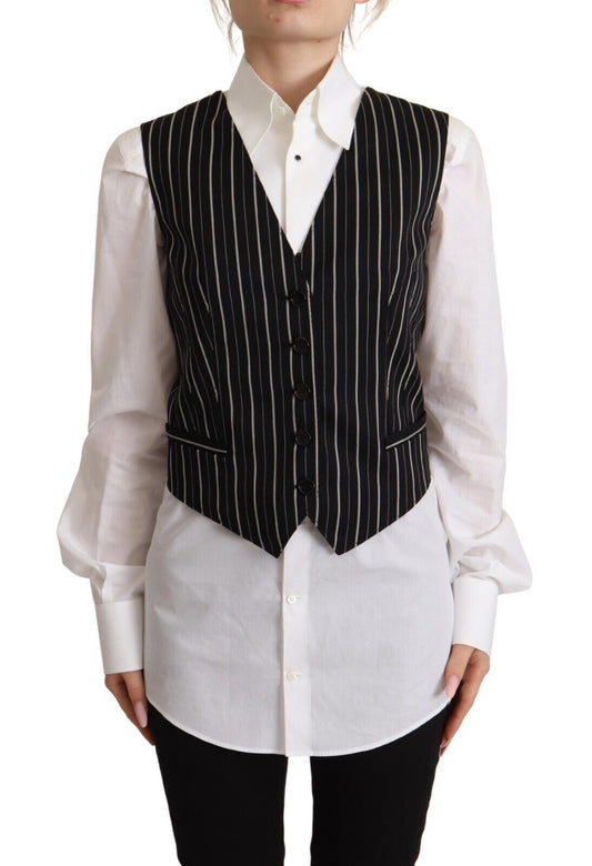 Dolce & Gabbana Black Stripes Wolle V-Ausschnitt ärmelloses Knopfweste