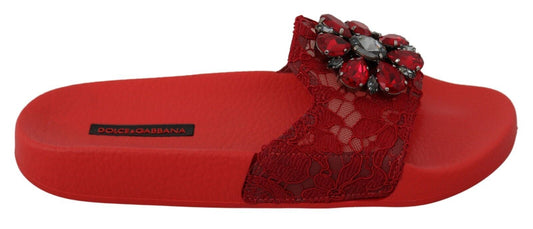 Dolce & Gabbana en dentelle rouge sandales en cristal glisse les chaussures de plage