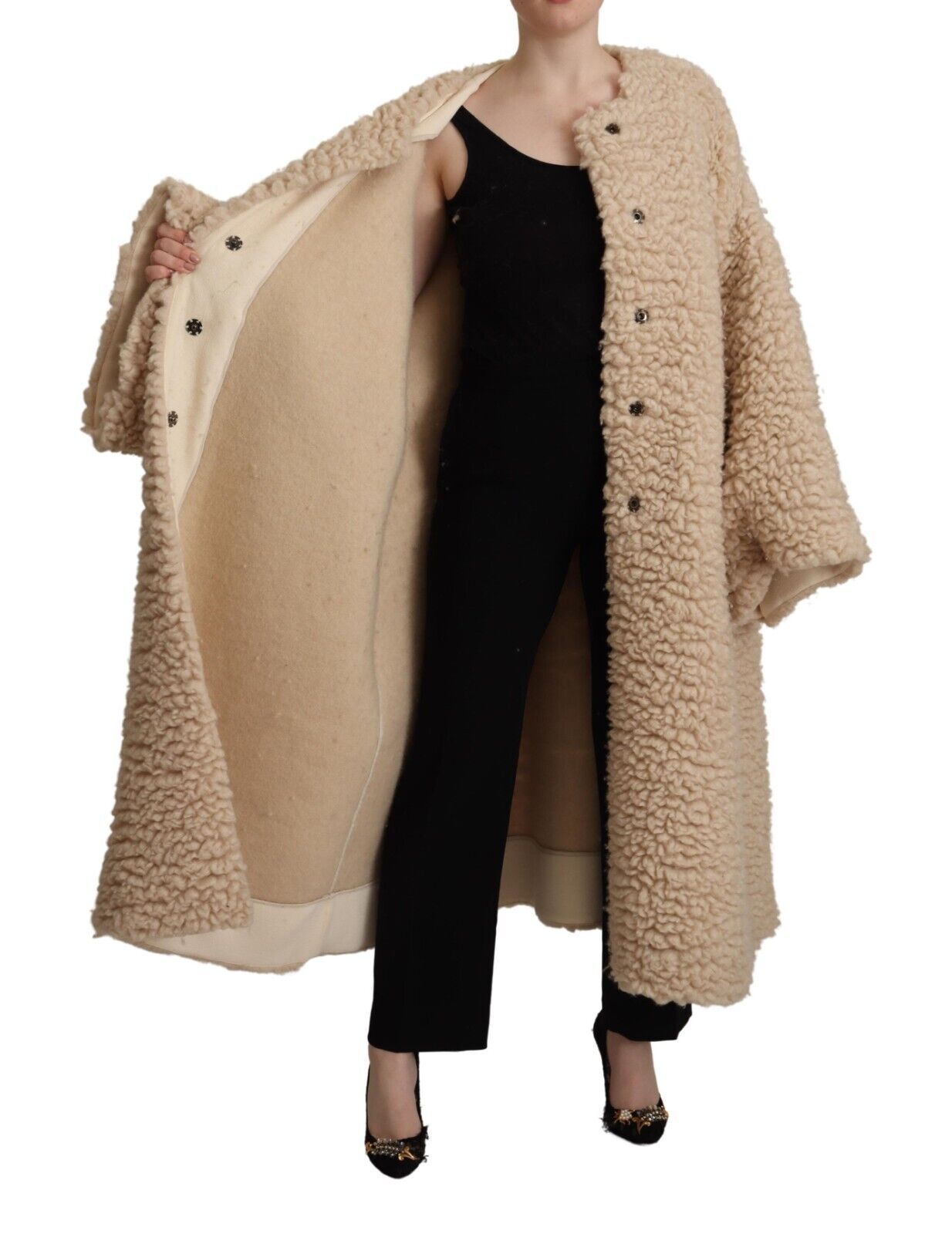Dolce & Gabbana Beige Cashmere Wool Furx Fur Coat
