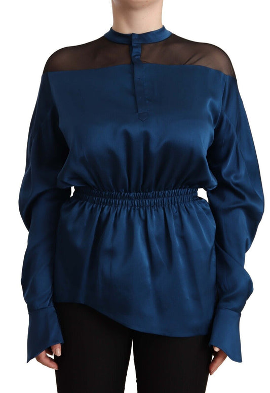 Masha MA Mascellie di seta blu lunghe Blusa in vita elastica