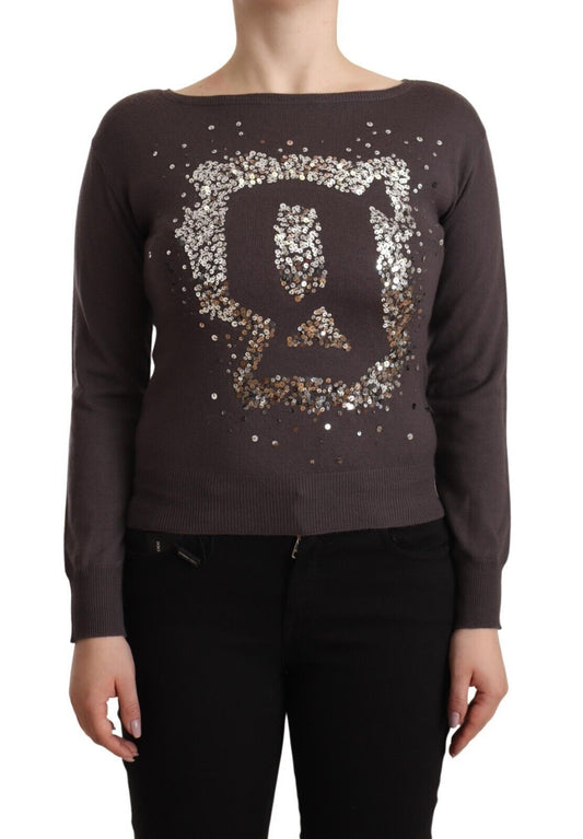 John Galliano Brown Wool paillettes à manches longues pull