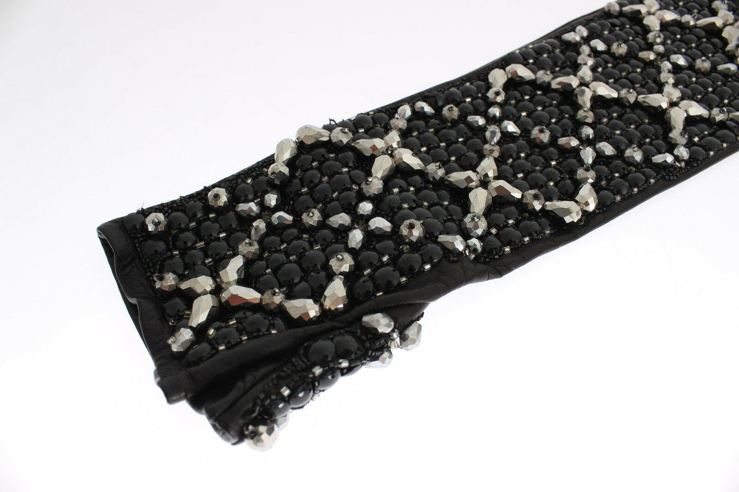 Dolce & Gabbana Schwarzes Lederkristall -Perlenfingerfreenhandschuhe