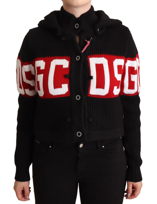 GCDS Black Cashmere Hooded Button Down Logo Cardigan Giacca
