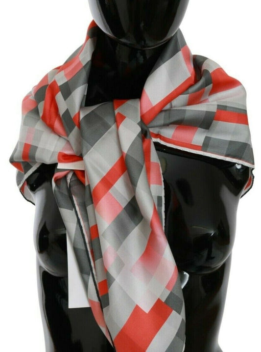 Costume National Grey Red Silk Châle Foulard Wrap écharpe